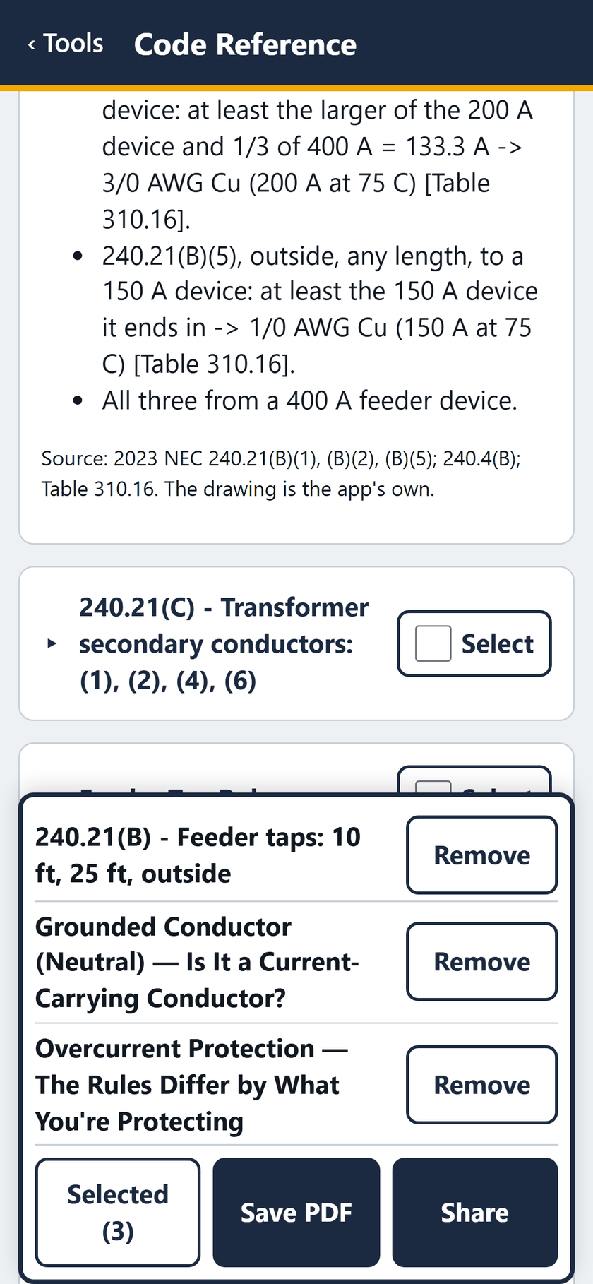 Code Reference screen: Three entries selected: feeder taps, the neutral and overcurrent protection. Save PDF or Share.