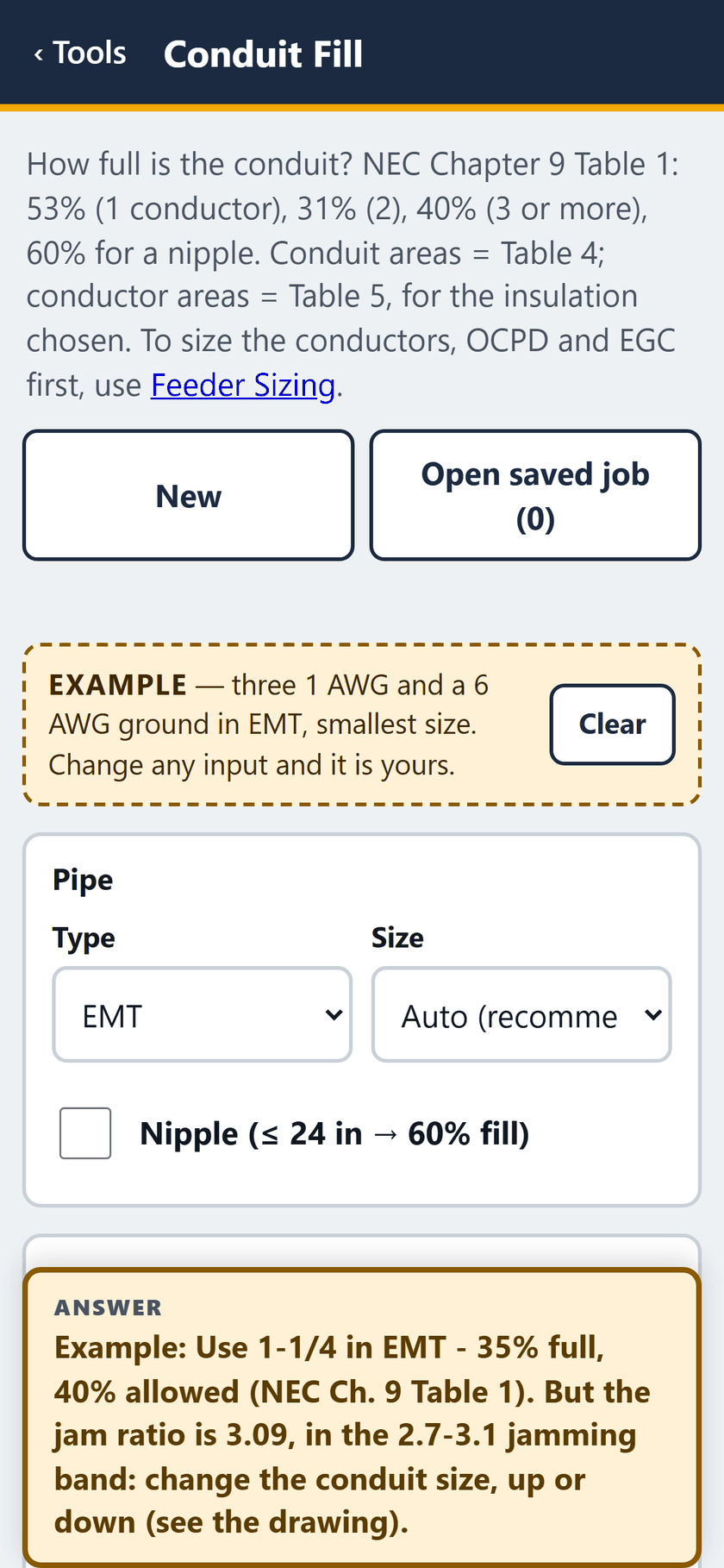 Conduit Fill screen: The example opens filled in: three 1 AWG and a 6 AWG ground in EMT, size on Auto, with the answer pinned at the foot of the screen.