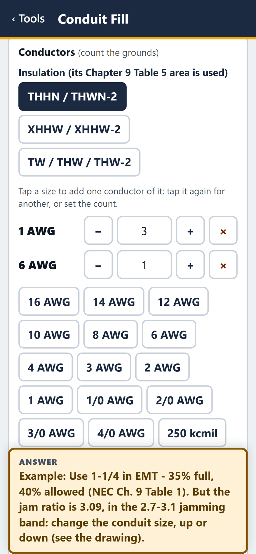 Conduit Fill screen: Three 1 AWG and one 6 AWG, with the size buttons below, 16 AWG to 250 kcmil.