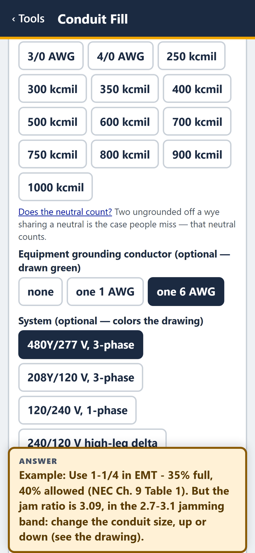 Conduit Fill screen: The 6 AWG marked as the equipment grounding conductor, and the system set to 480Y/277 V, 3-phase for the drawing colors.