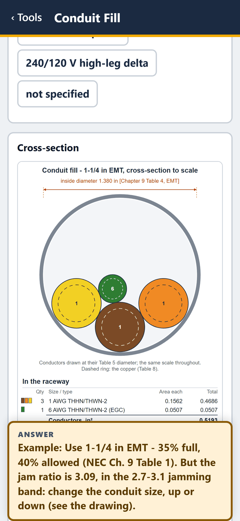 Conduit Fill screen: The cross-section to scale: 1-1/4 in EMT, 1.380 in inside diameter, three 1 AWG and the 6 AWG EGC, with their Table 5 areas.