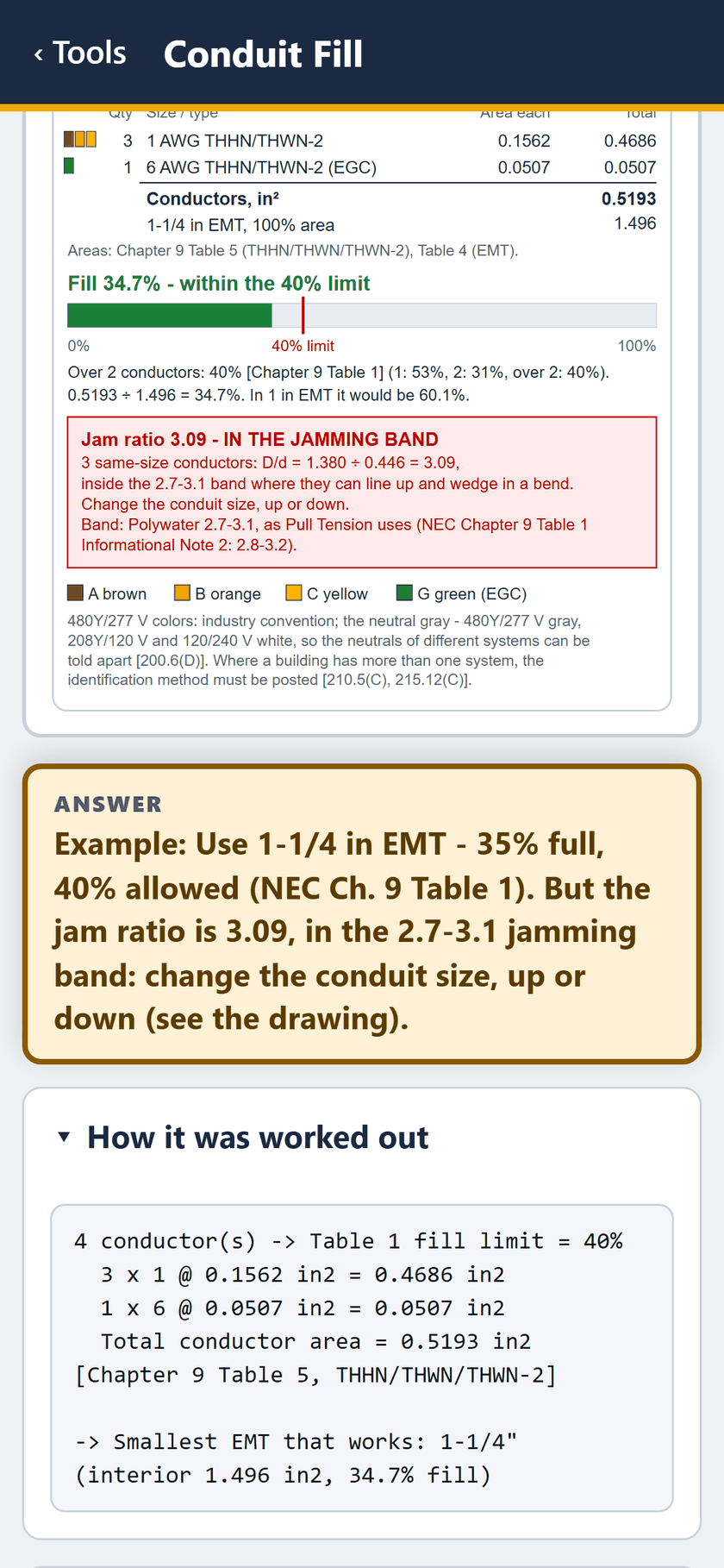 Conduit Fill screen: Fill 34.7%, within 40%. Jam ratio 3.09, in the jamming band. The color key, the answer, and how it was worked out.