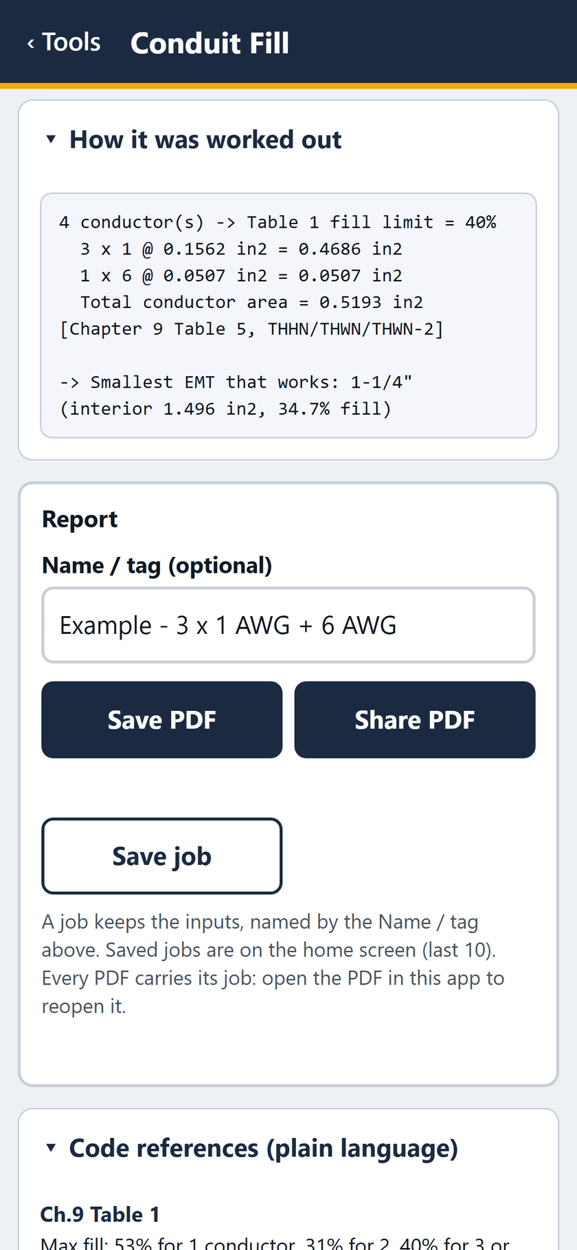Conduit Fill screen: The working ends at 1-1/4 in EMT, 34.7% fill. The report: name the job, save or share the PDF, or save the job.