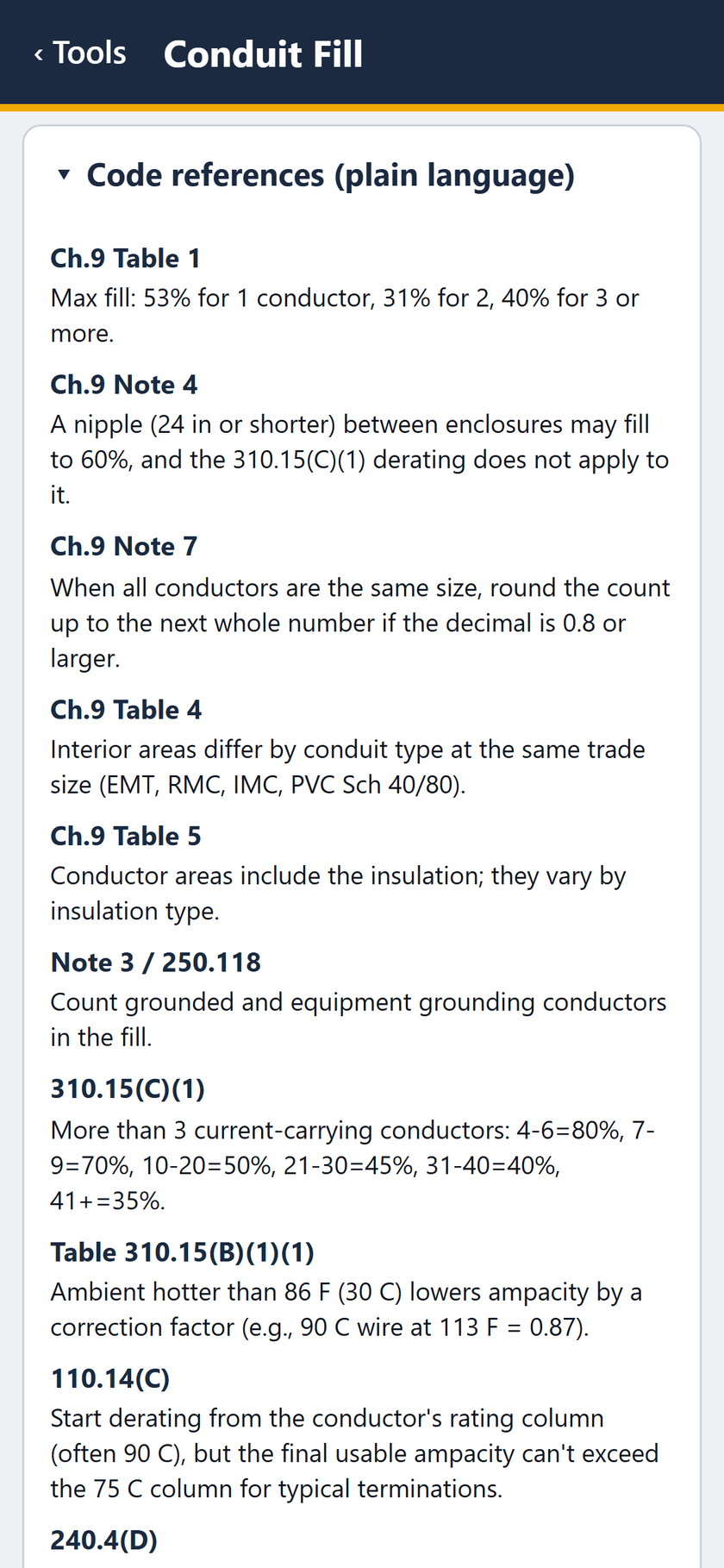 Conduit Fill screen: Code references in plain language: Chapter 9 Tables 1, 4 and 5, Notes 4 and 7, and the derating rules.