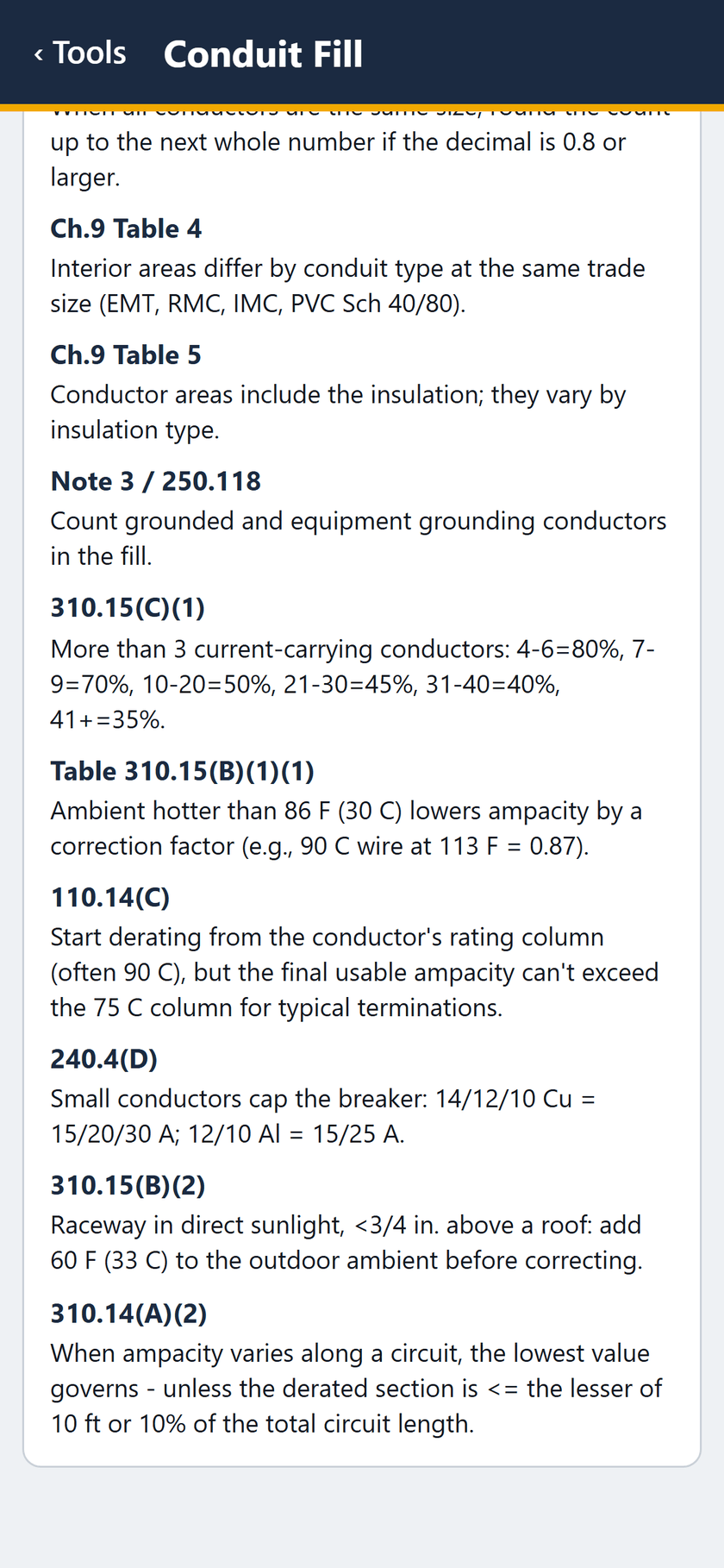 Conduit Fill screen: The rest of the code references: 240.4(D), the rooftop adder in 310.15(B)(2), and 310.14(A)(2).