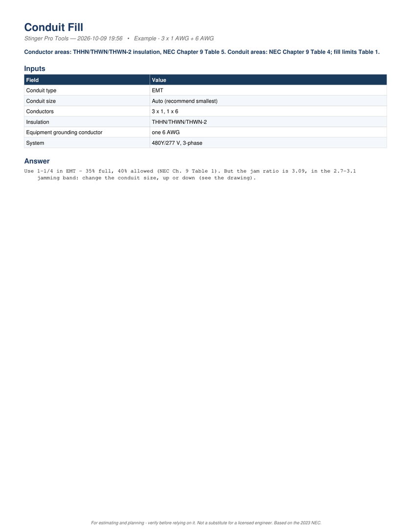 Page 1 of the PDF report: The PDF, page 1: the inputs and the answer, 1-1/4 in EMT, 35% full, 40% allowed.