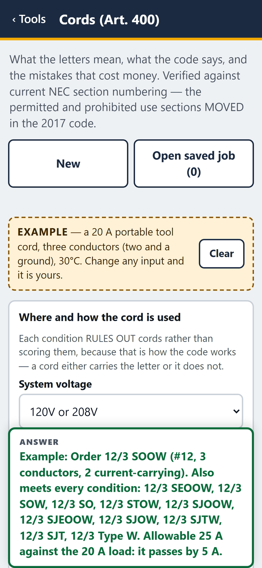 Cords (Art. 400) screen: The example opens filled in: a 20 A portable tool cord, with the answer pinned at the foot: order 12/3 SOOW.