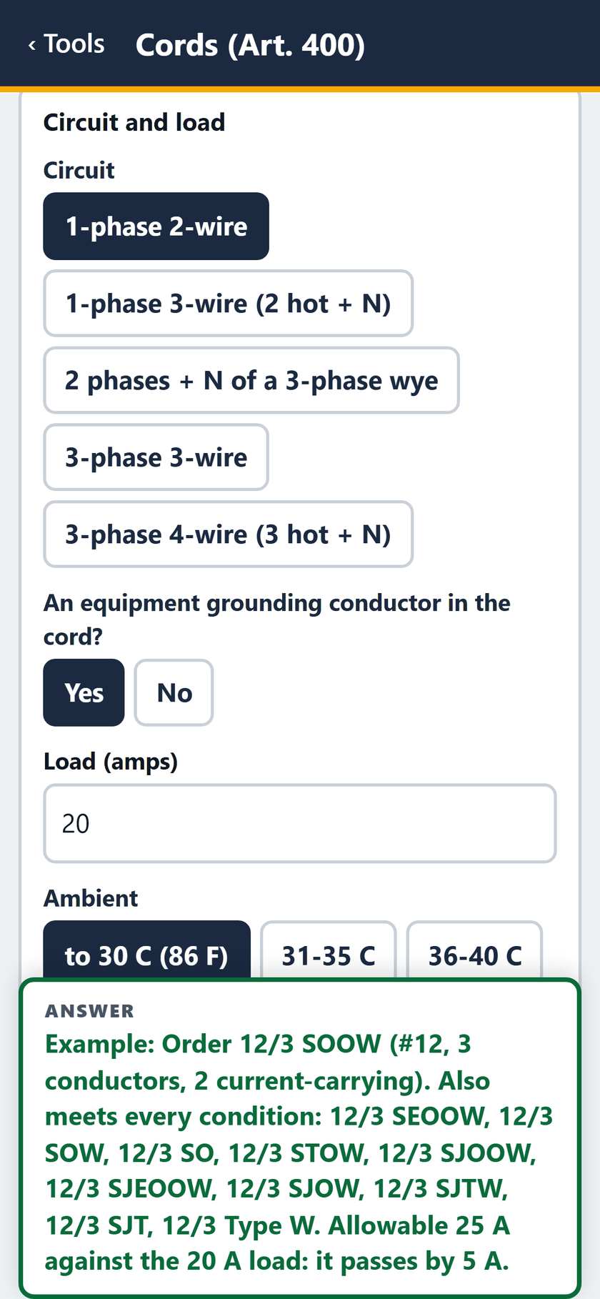 Cords (Art. 400) screen: An equipment grounding conductor in the cord: yes. Load: 20 amps.