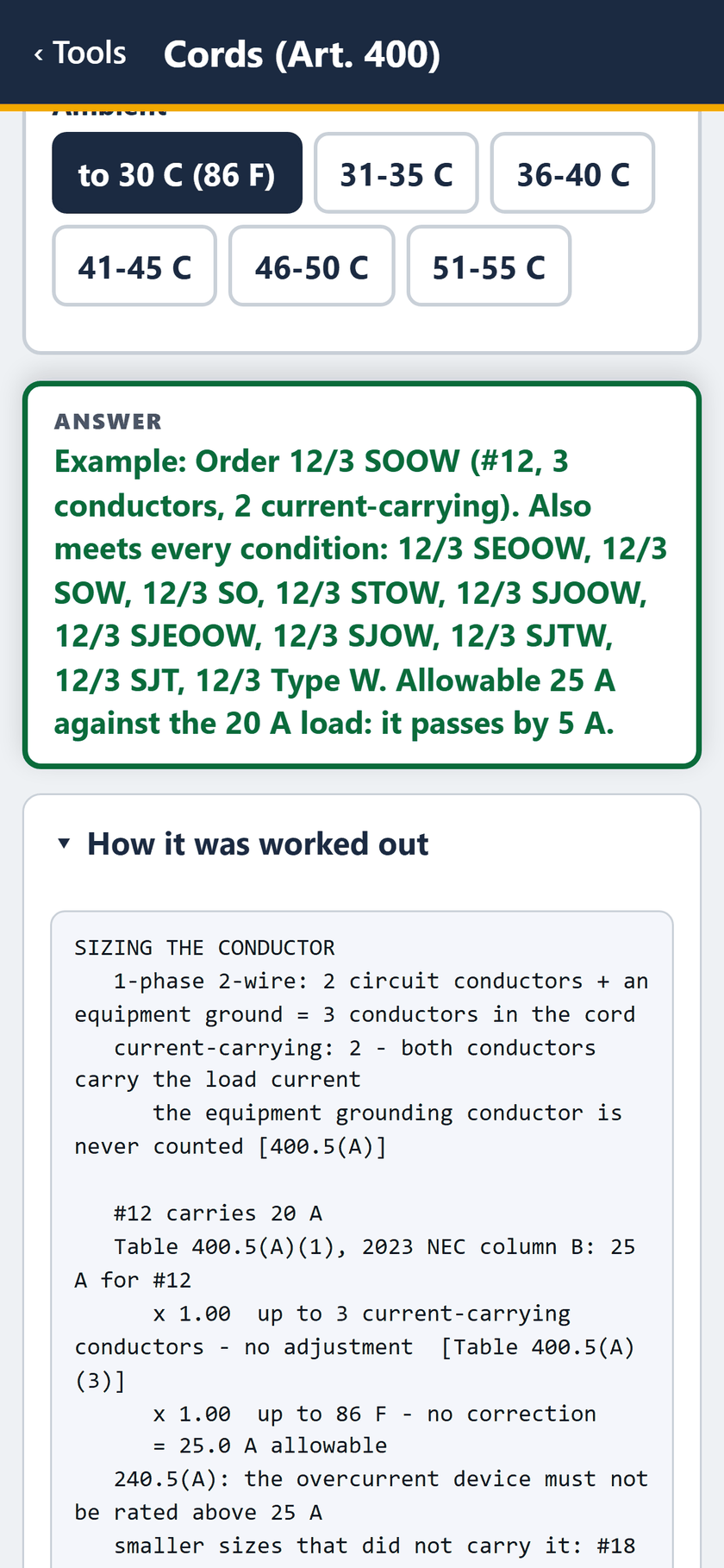 Cords (Art. 400) screen: Ambient to 30 C (86 F). The answer: order 12/3 SOOW, allowable 25 A against the 20 A load, passing by 5 A.