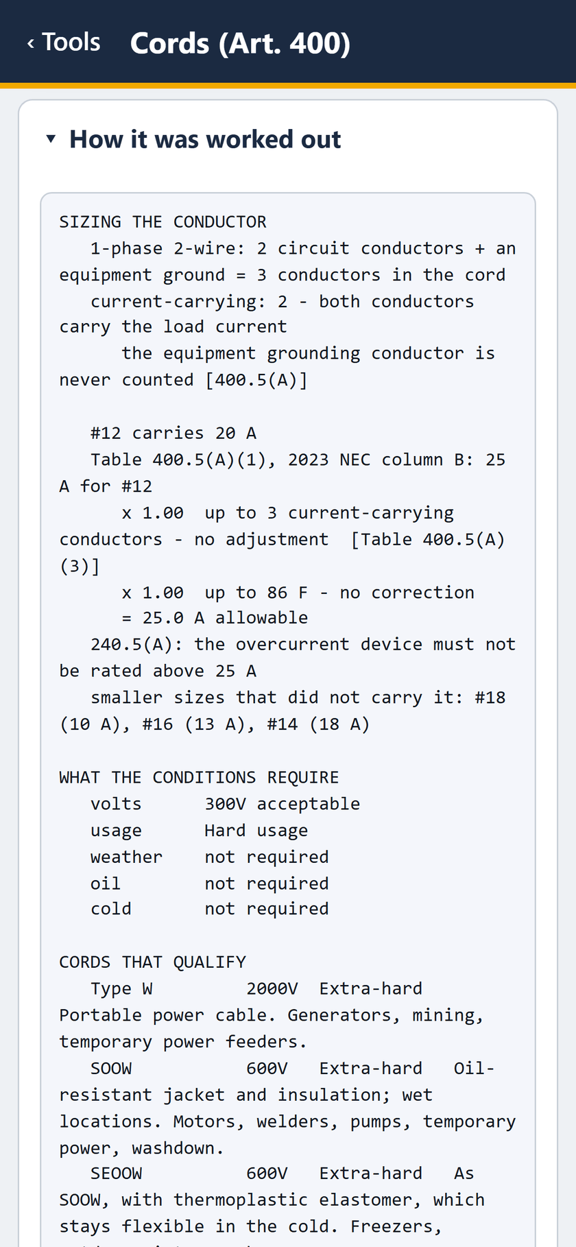 Cords (Art. 400) screen: How it was worked out: 2 current-carrying, column B, 25 A for #12. The device must not be rated above 25 A.