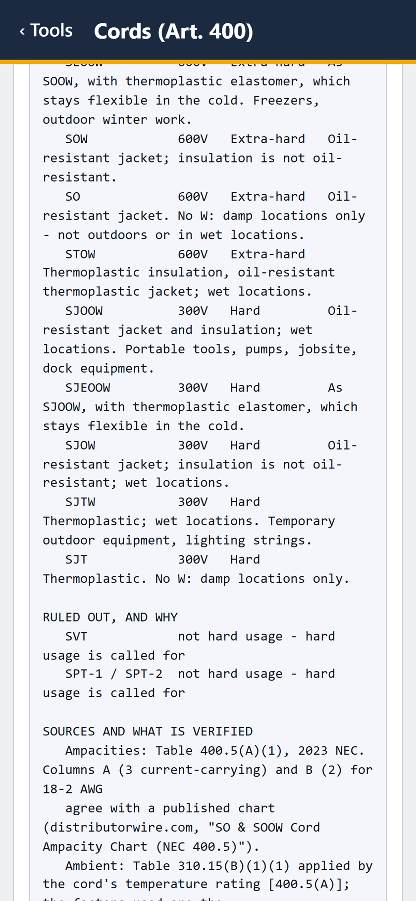 Cords (Art. 400) screen: More cords that qualify, SEOOW to SJT, with voltage and usage. Ruled out: SVT and SPT-1 / SPT-2, not hard usage.