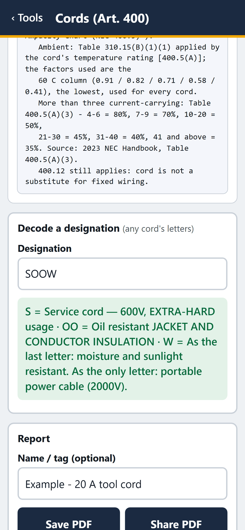 Cords (Art. 400) screen: The sources and what is verified, then the decoder: SOOW read letter by letter.