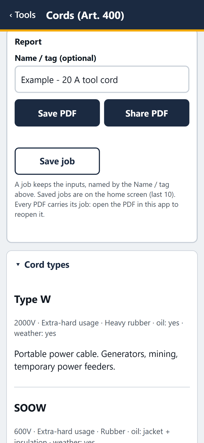 Cords (Art. 400) screen: The report: save or share the PDF, or save the job. Below it, the cord types begin.