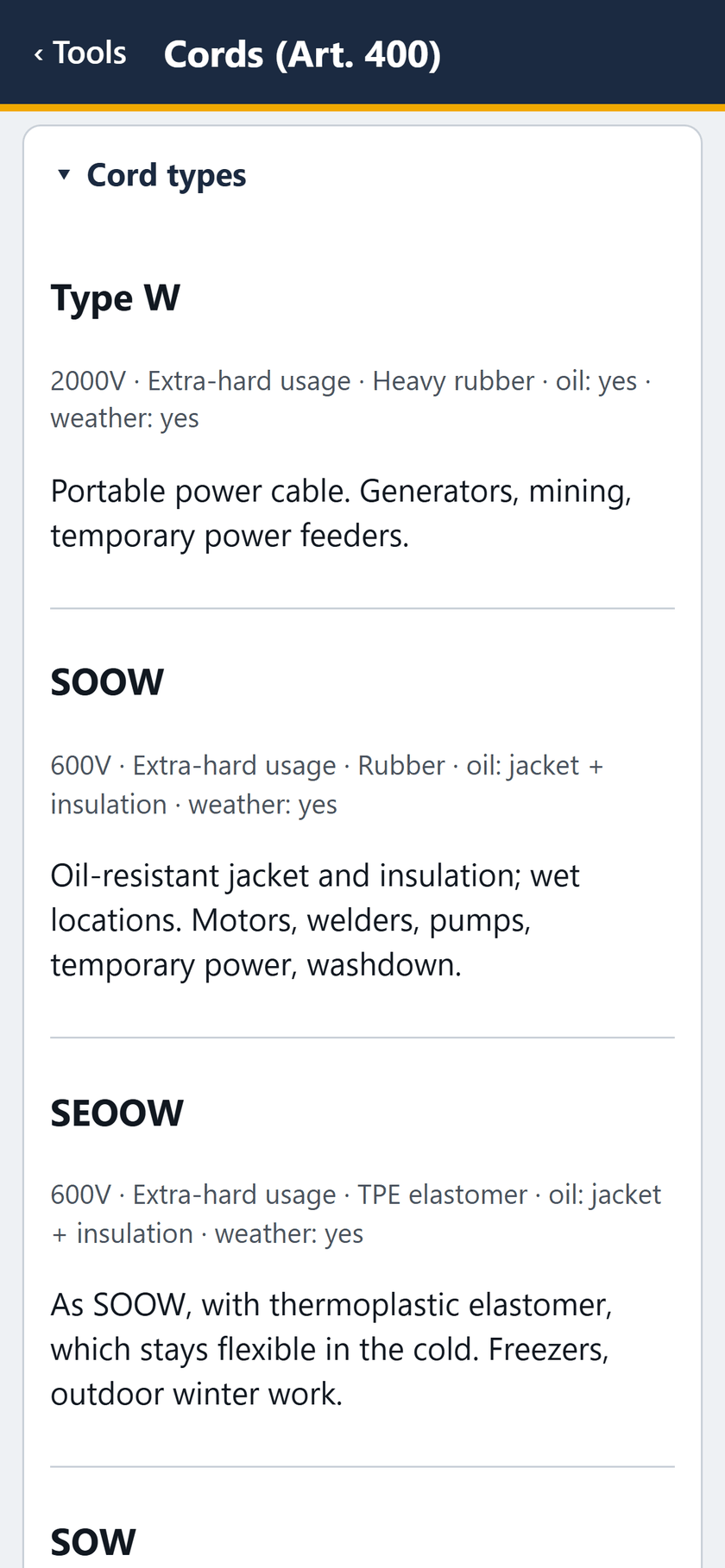 Cords (Art. 400) screen: Cord types: Type W at 2000V, SOOW and SEOOW at 600V extra-hard usage.