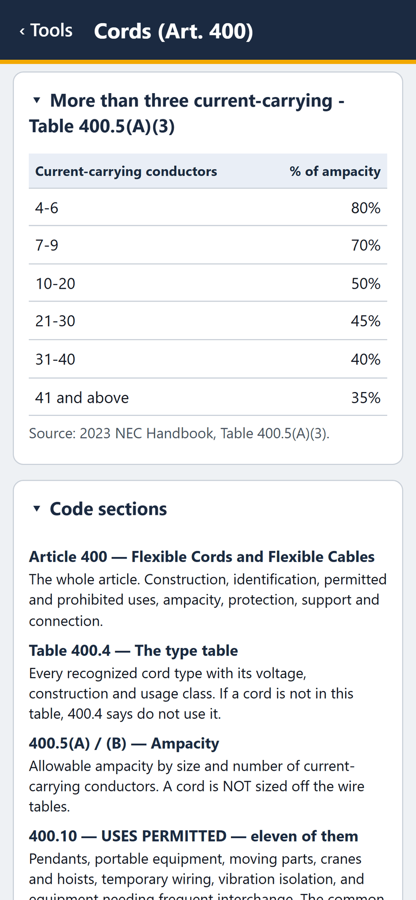 Cords (Art. 400) screen: Table 400.5(A)(3), 4-6 at 80% down to 41 and above at 35%. Then the code sections.
