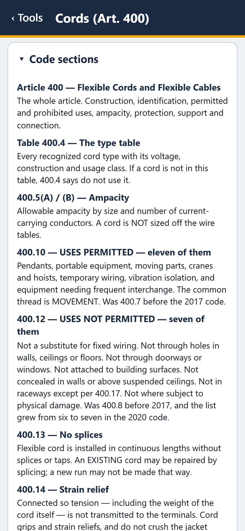Cords (Art. 400) screen: Code sections: Article 400, Table 400.4, 400.5, 400.10 uses permitted, 400.12 uses not permitted, 400.13 and 400.14.