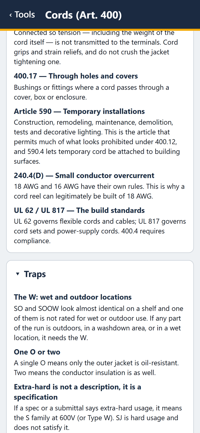 Cords (Art. 400) screen: 400.17, Article 590, 240.4(D) and UL 62 / UL 817. Then the traps: the W, and one O or two.