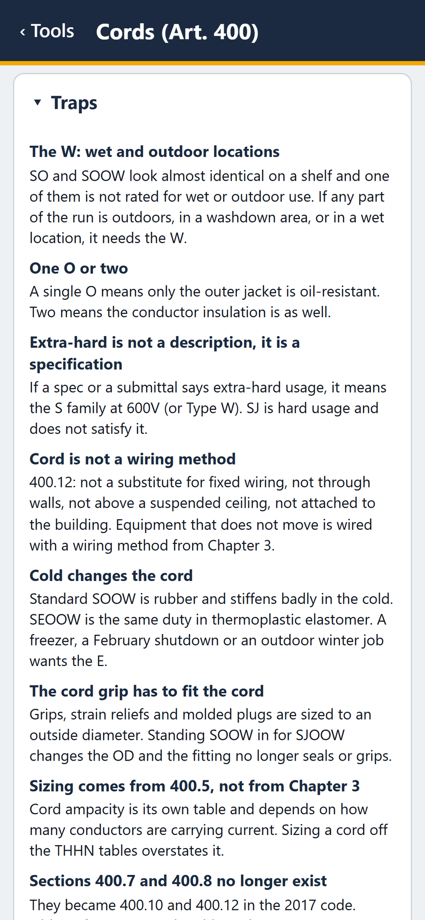 Cords (Art. 400) screen: The traps: extra-hard is a specification, cord is not a wiring method, cold changes the cord, the grip has to fit.
