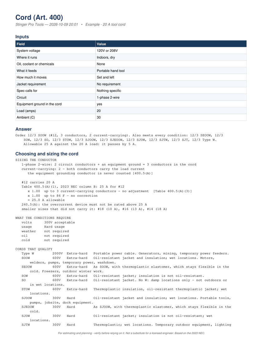 Page 1 of the PDF report: The PDF, page 1: the inputs, the answer, and choosing and sizing the cord.