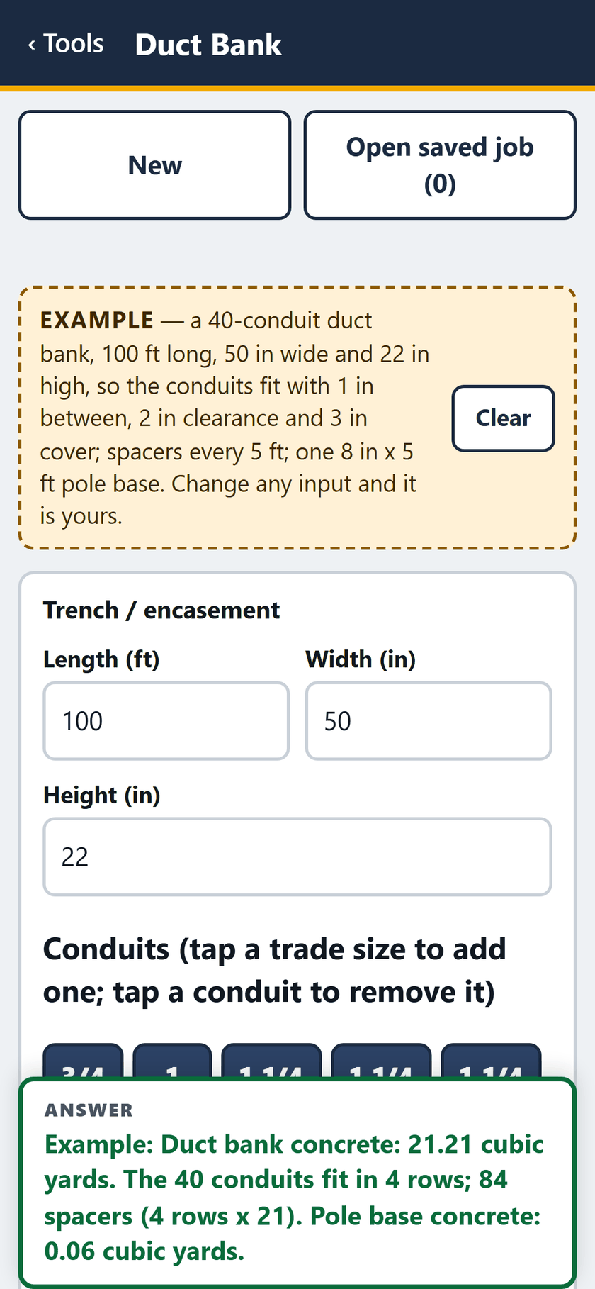 Duct Bank screen: The example opens filled in: 100 ft, 50 in wide, 22 in high, with the answer pinned at the foot of the screen.