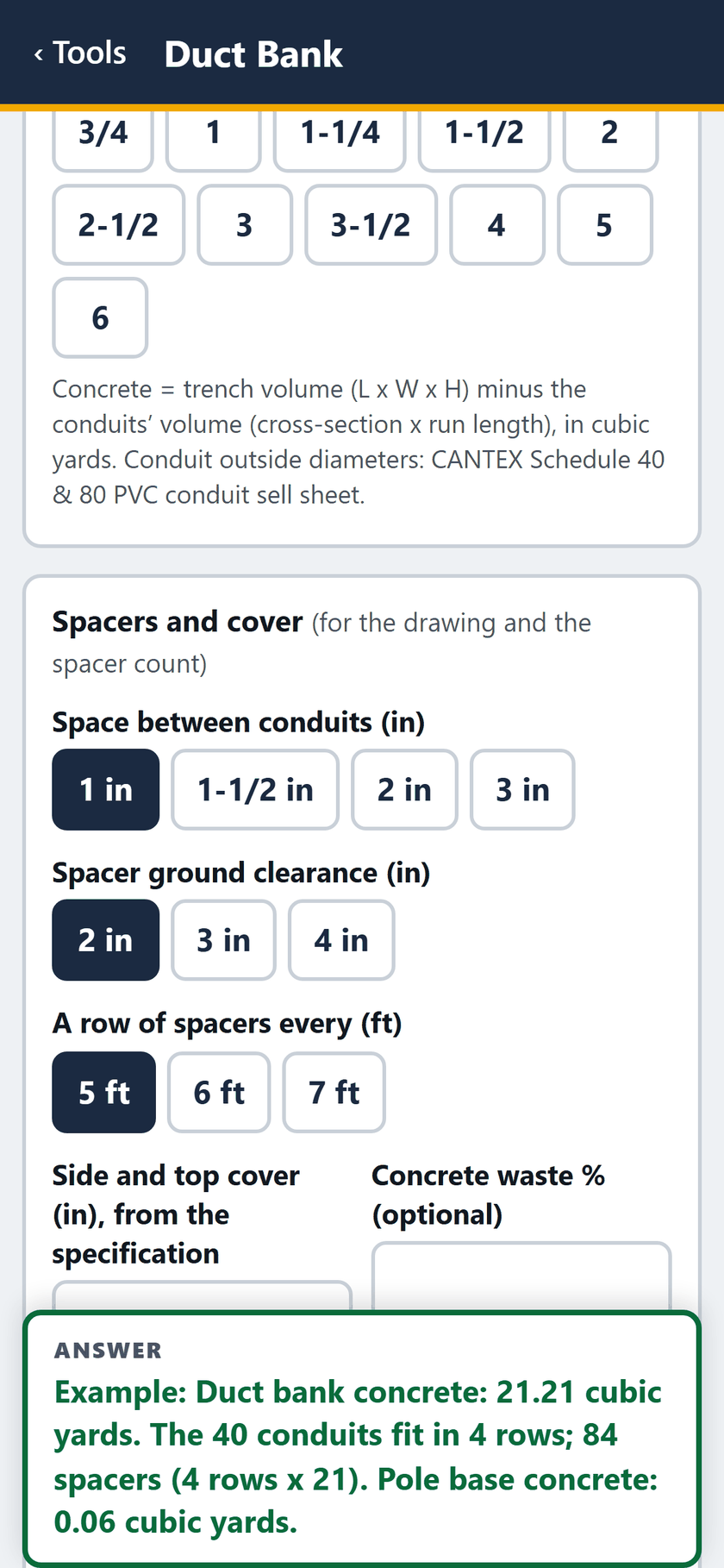 Duct Bank screen: Conduit ODs from the CANTEX sell sheet. Spacers: 1 in between conduits, 2 in ground clearance, a row every 5 ft.