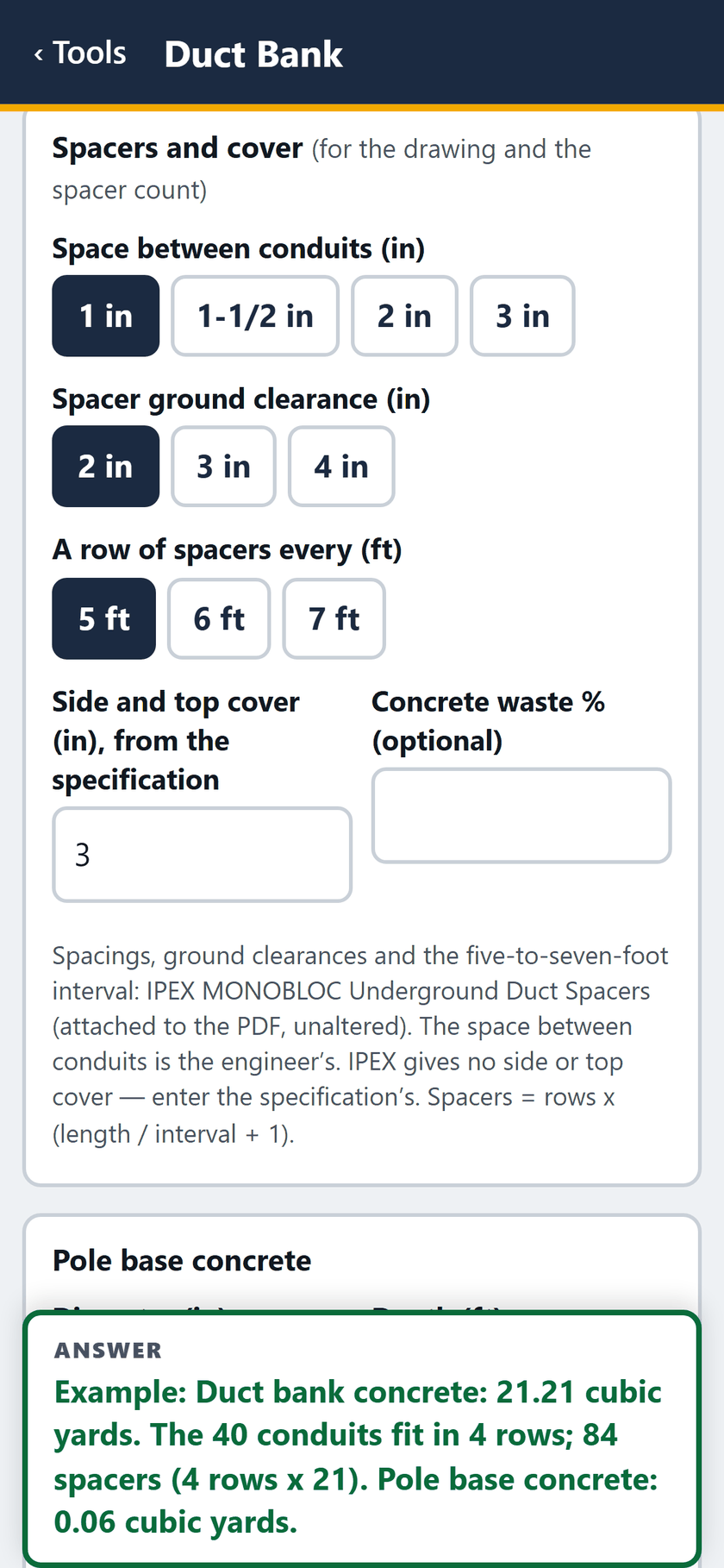 Duct Bank screen: 3 in side and top cover from the specification, no waste entered. Spacing from the IPEX MONOBLOC sheet.