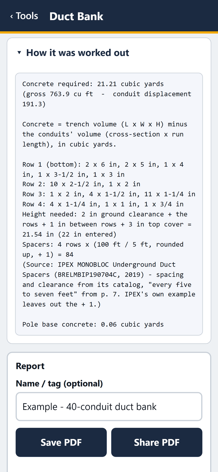 Duct Bank screen: The rows, 21.54 in height needed against 22 entered, 84 spacers, 0.06 cubic yards for the pole base.
