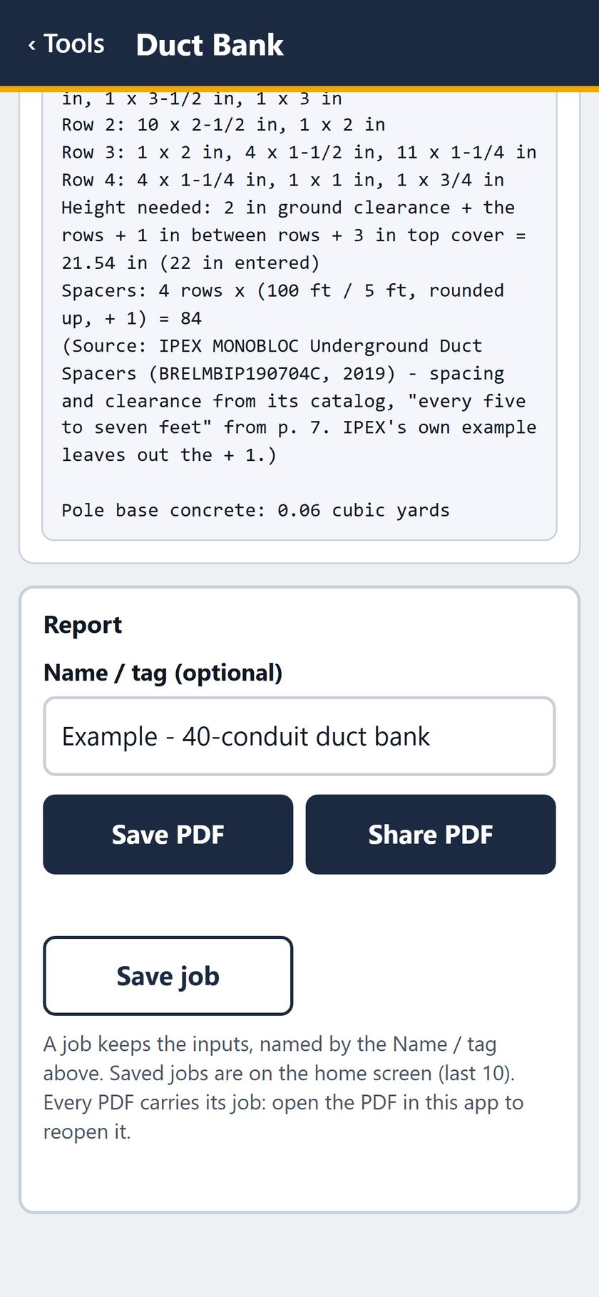 Duct Bank screen: The report, with the job named: save or share the PDF, or save the job.