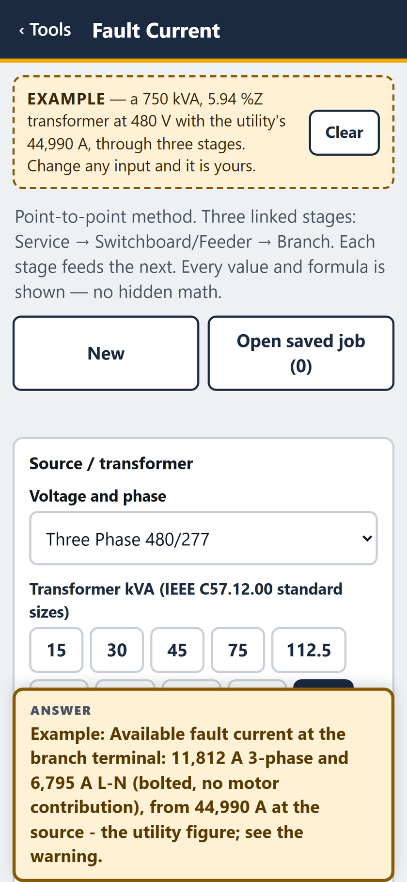 Fault Current screen: The example opens filled in: 750 kVA, 5.94 %Z at 480 V with the utility's 44,990 A, the answer pinned at the foot.