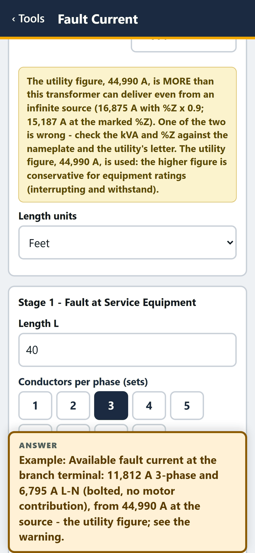Fault Current screen: A warning: 44,990 A is more than this transformer can deliver, 16,875 A. The higher figure is used. Stage 1 starts, in feet.