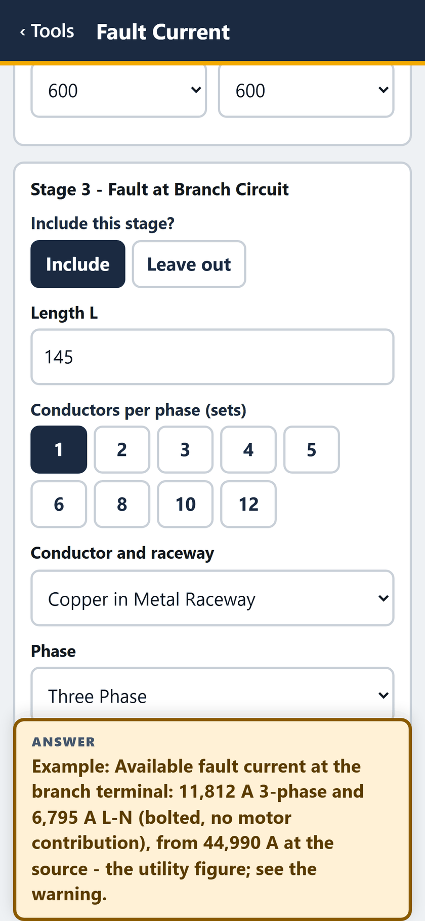 Fault Current screen: Stage 3, the branch circuit: included, 145 feet, 1 set, copper in metal raceway, three phase.