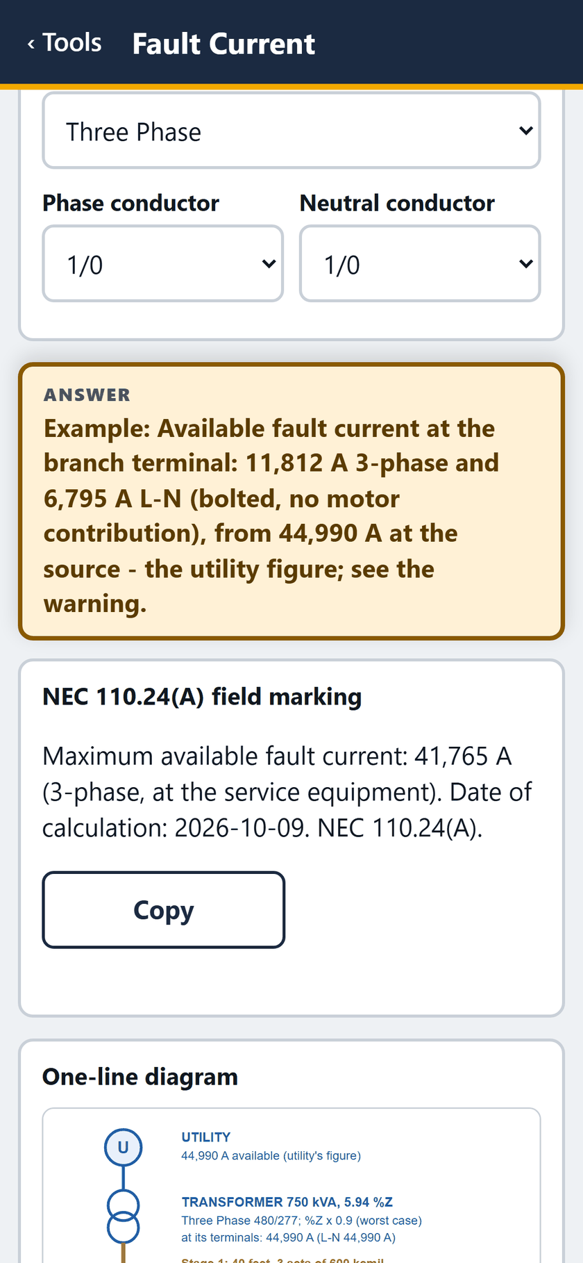 Fault Current screen: 1/0 phase and neutral. The answer: 11,812 A 3-phase at the branch terminal. The 110.24(A) marking line, 41,765 A, to copy.