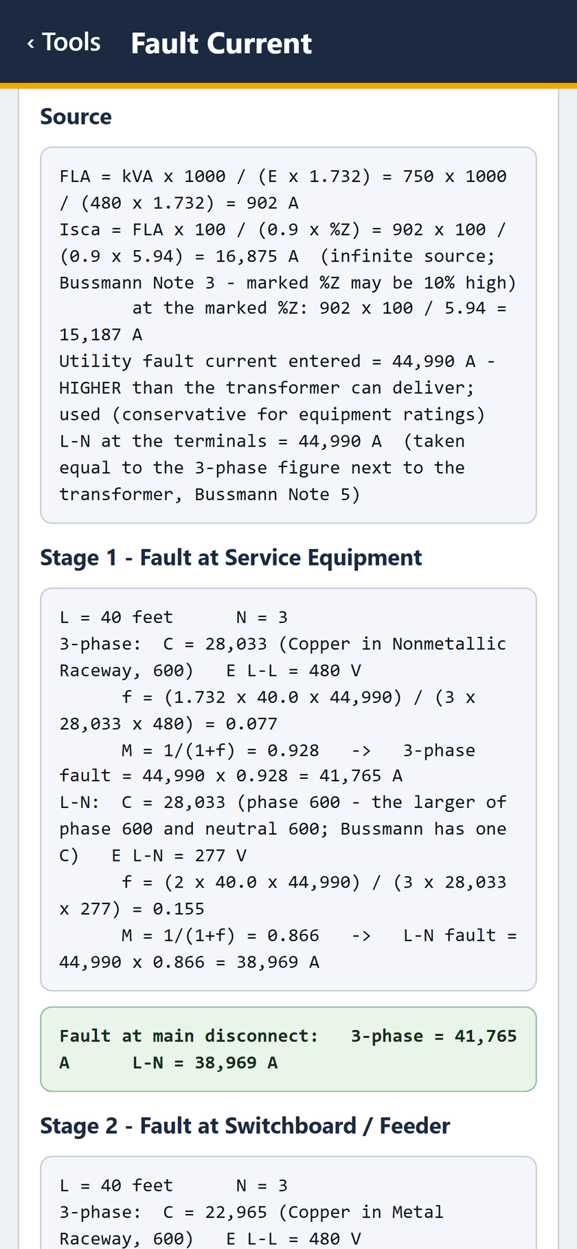 Fault Current screen: The working, stage 1: f = 0.077, M = 0.928, 41,765 A 3-phase and 38,969 A L-N at the main disconnect.