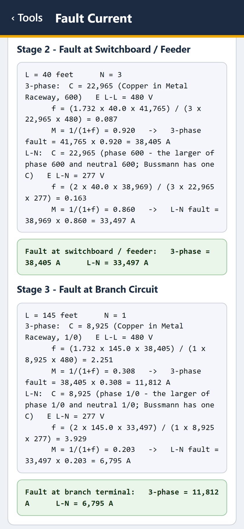 Fault Current screen: Stage 2 to 38,405 A and 33,497 A L-N. Stage 3 to 11,812 A and 6,795 A L-N at the branch terminal.