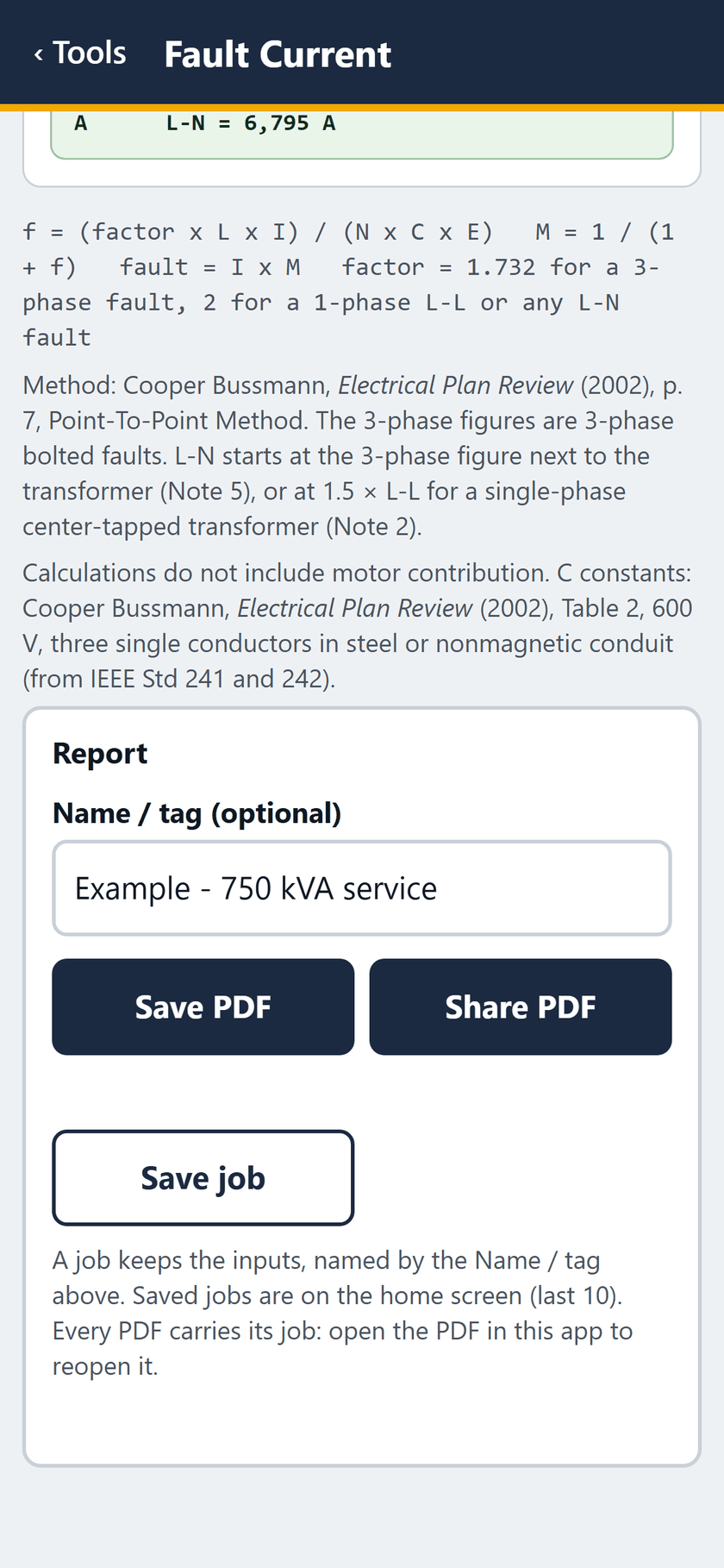 Fault Current screen: The report, named Example - 750 kVA service: save or share the PDF, or save the job.
