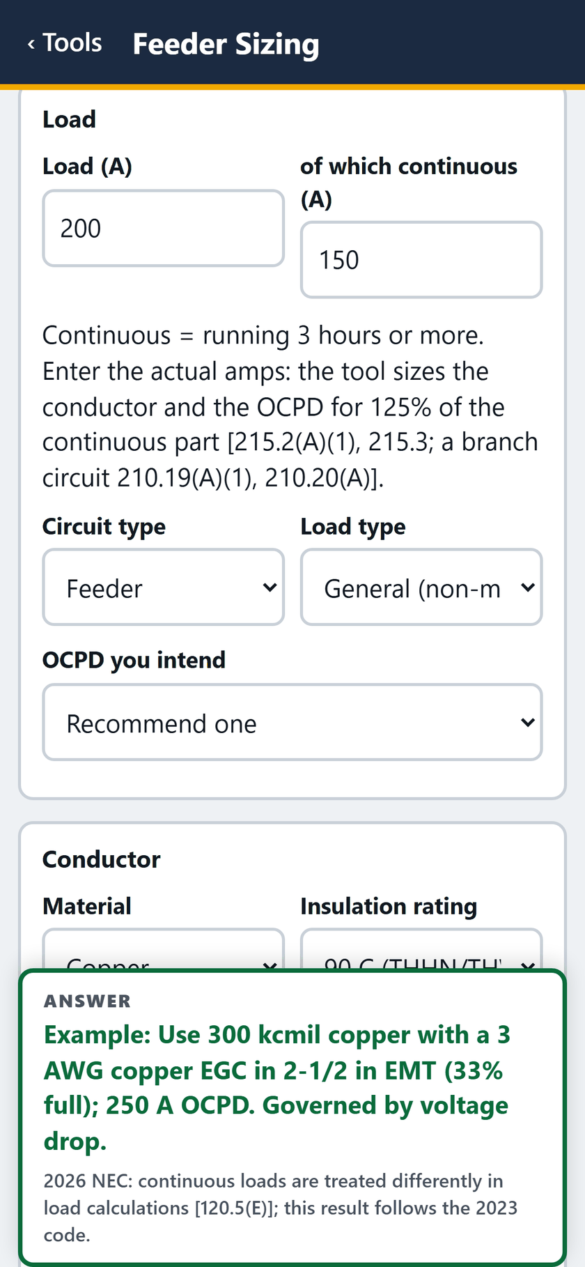Feeder Sizing screen: The load: 200 A, 150 A continuous, a feeder for a general load, OCPD left to recommend, copper at 90 C.