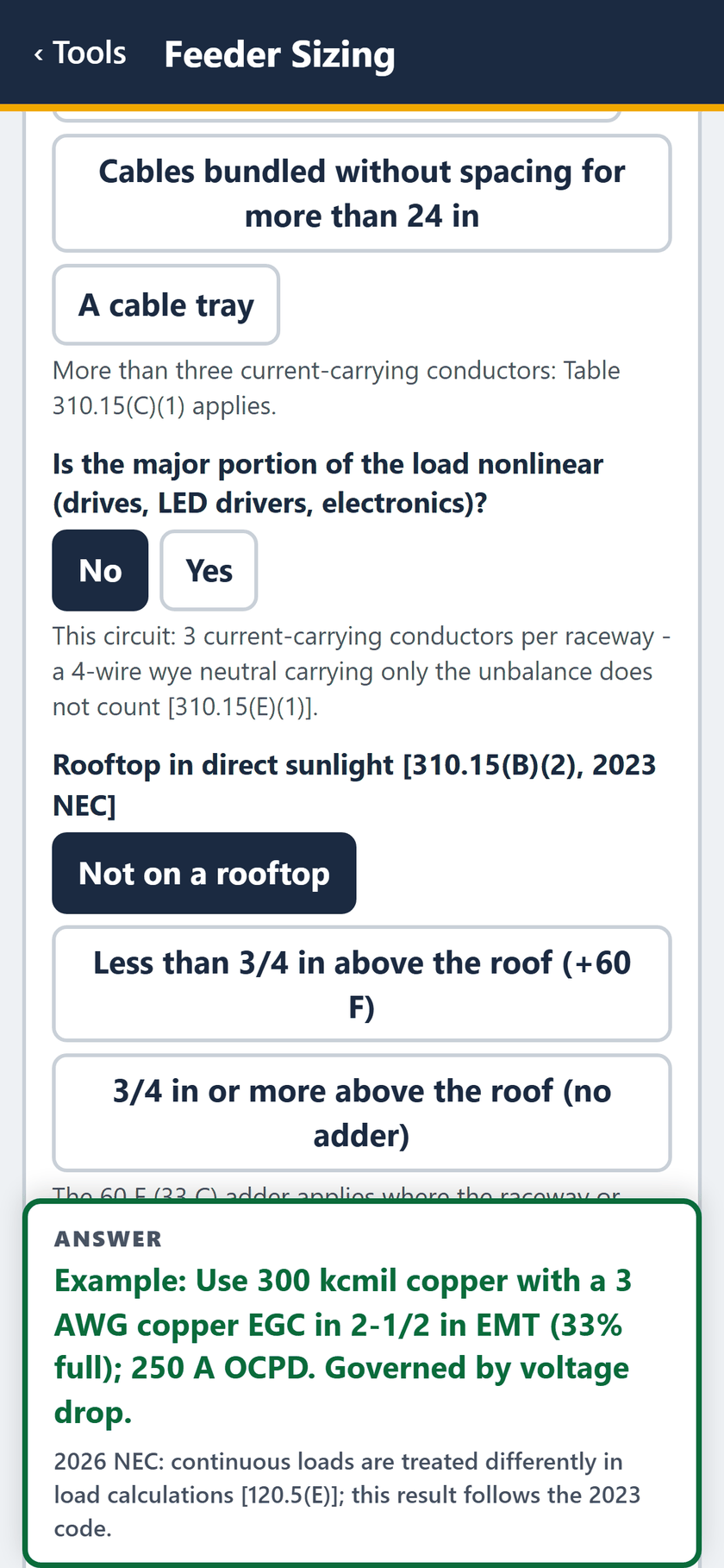 Feeder Sizing screen: Not mostly nonlinear, so the wye neutral does not count: 3 current-carrying conductors. Not on a rooftop.