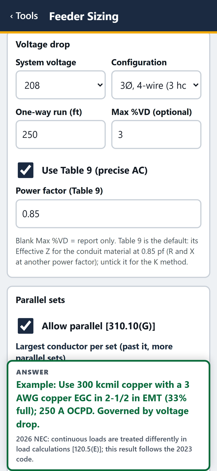 Feeder Sizing screen: Table 9 is the default, its Effective Z at 0.85 pf; untick it for the K method. Then parallel sets: Allow parallel is ticked.