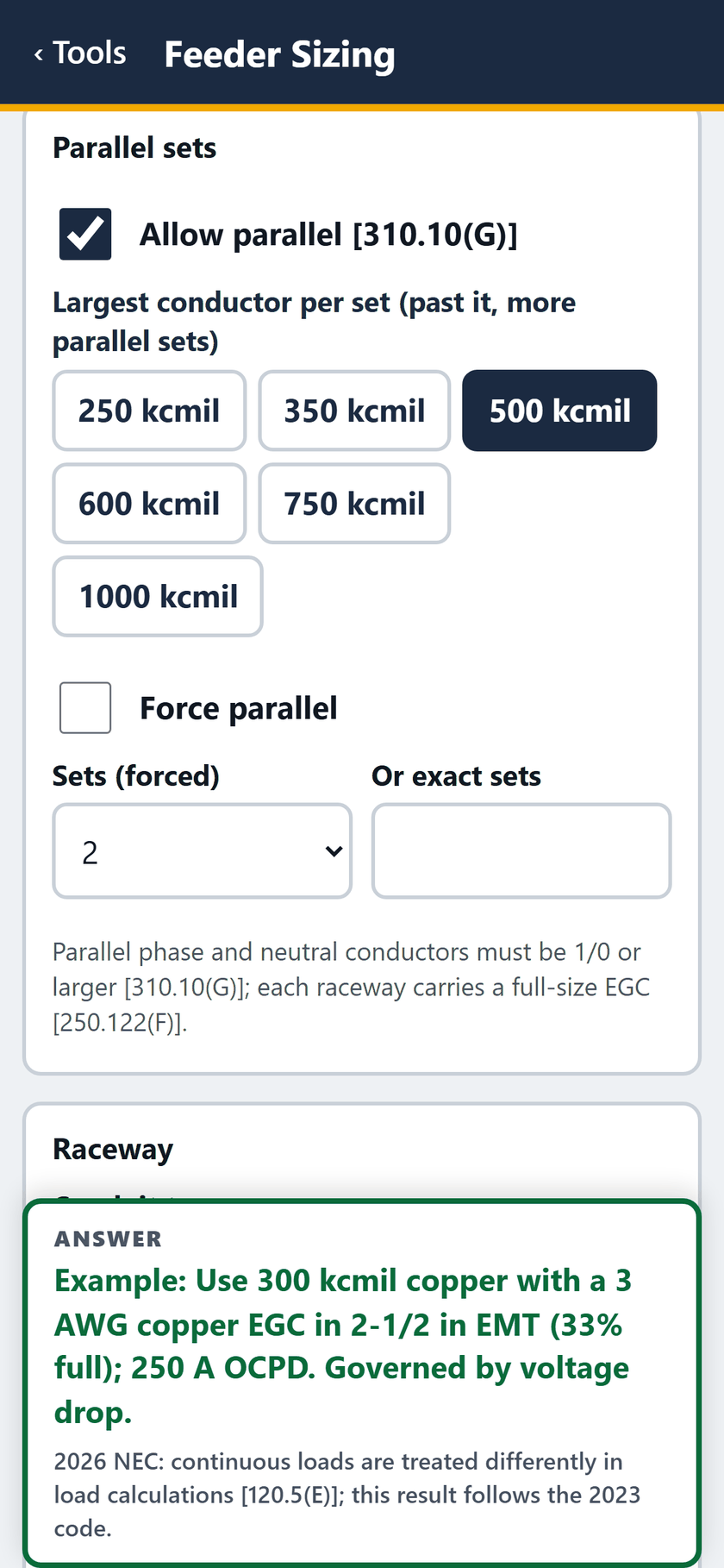 Feeder Sizing screen: Parallel sets allowed, up to 500 kcmil per set. Force parallel is off.