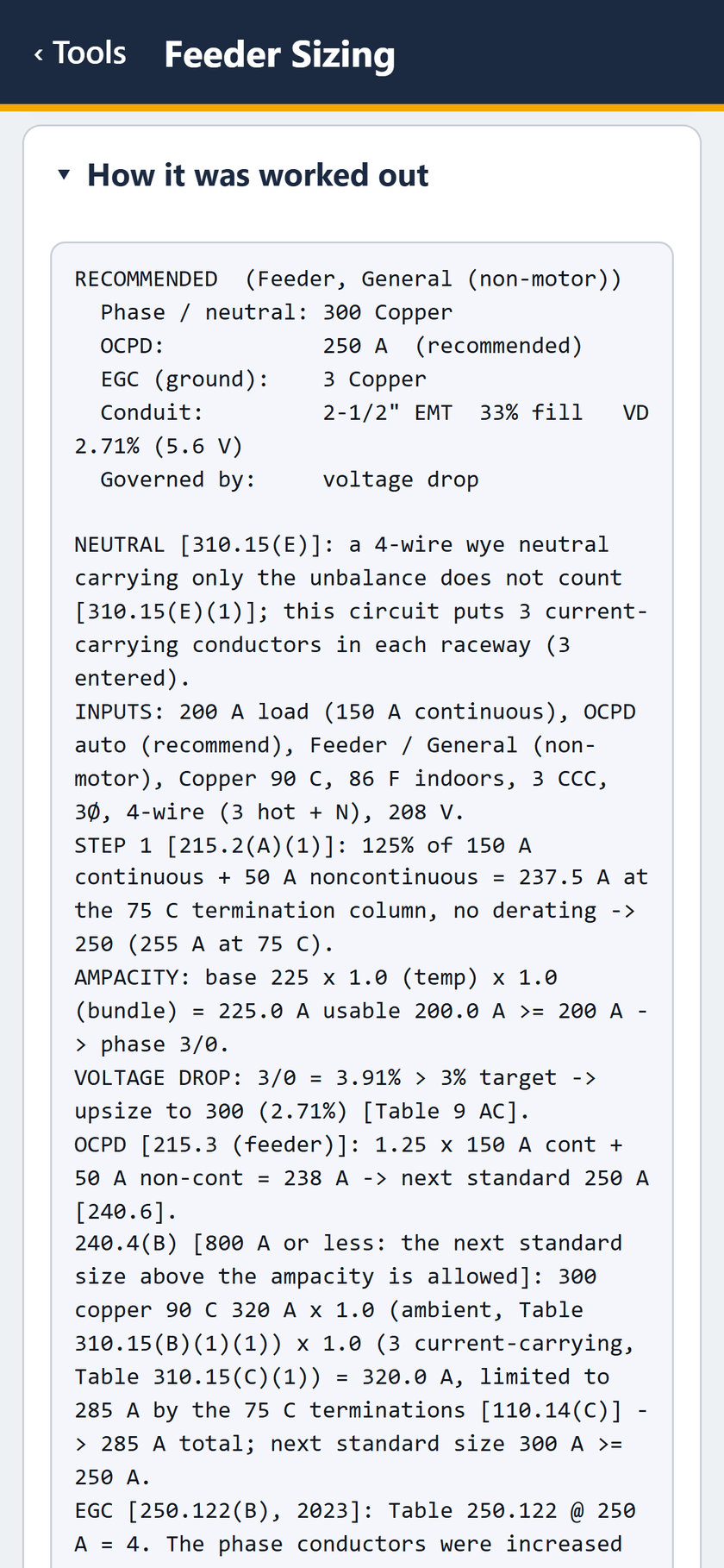 Feeder Sizing screen: How it was worked out: 125% of 150 A plus 50 A is 237.5 A, 3/0 fails the 3% target, upsized to 300.