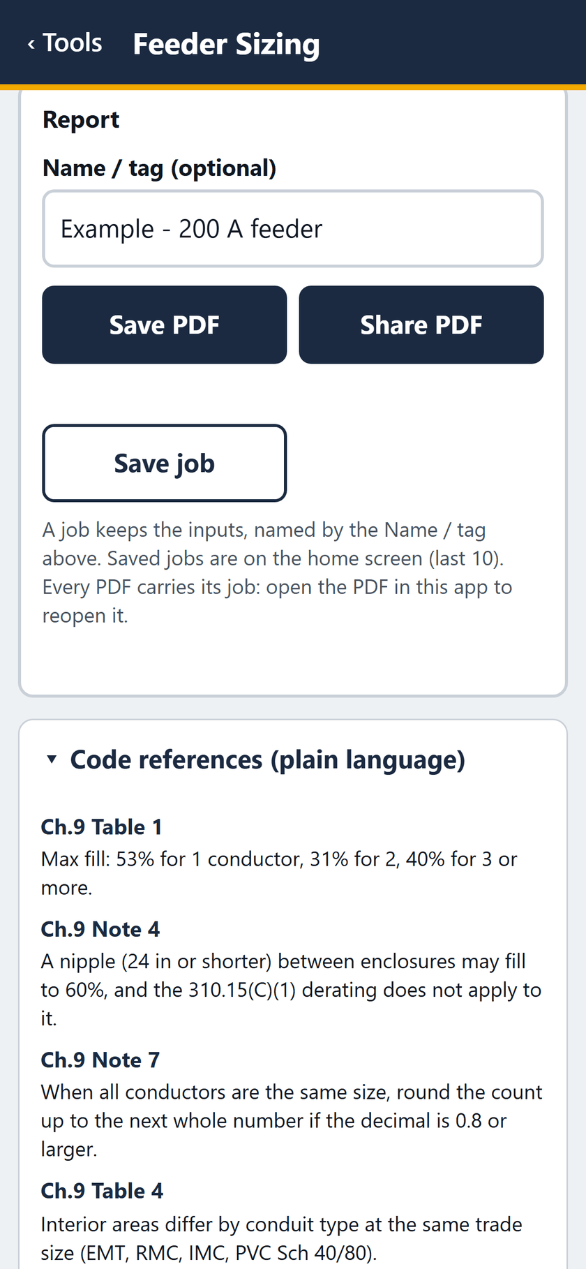 Feeder Sizing screen: The report: save or share the PDF, or save the job. Below, the code references in plain language.