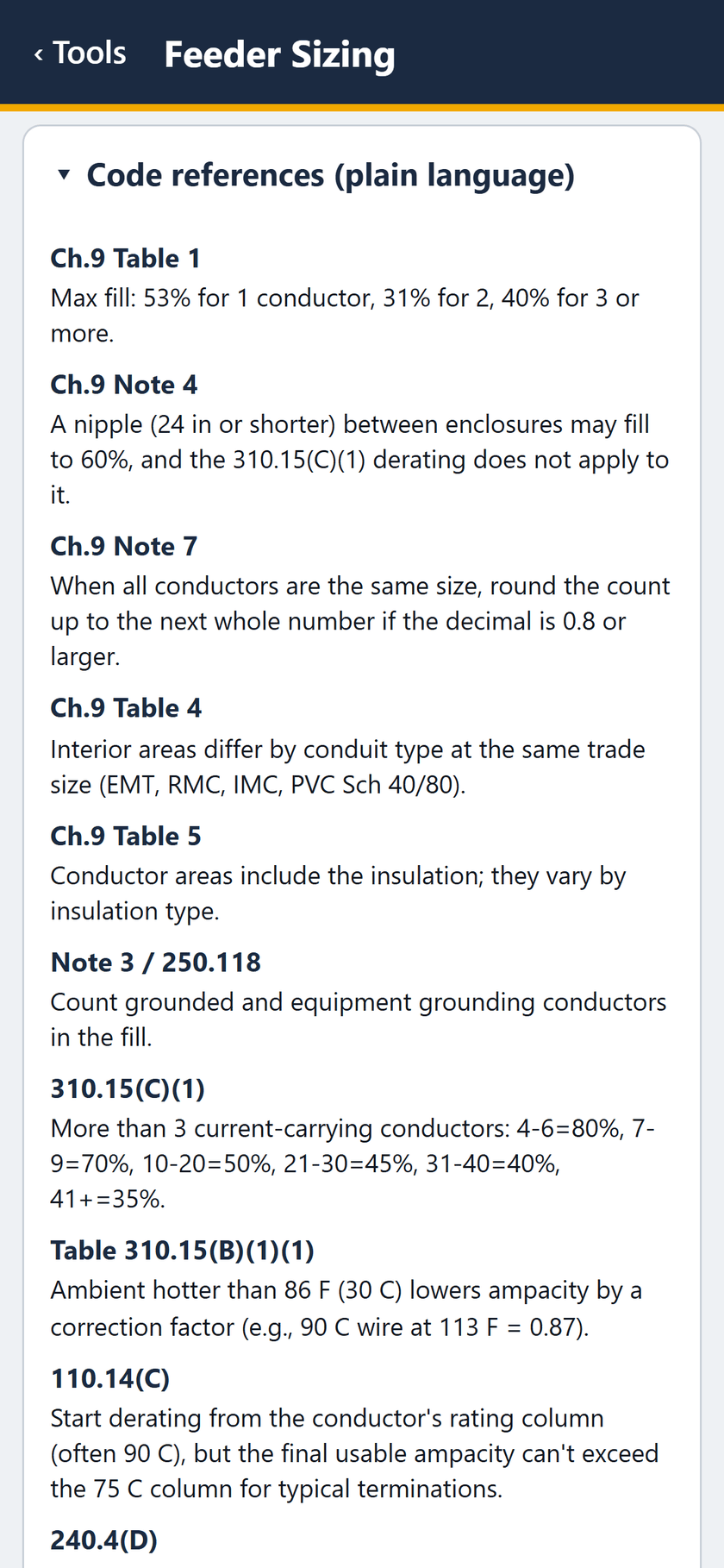 Feeder Sizing screen: Code references in plain language: Chapter 9 fill, 310.15(C)(1) adjustment, ambient correction and 110.14(C).