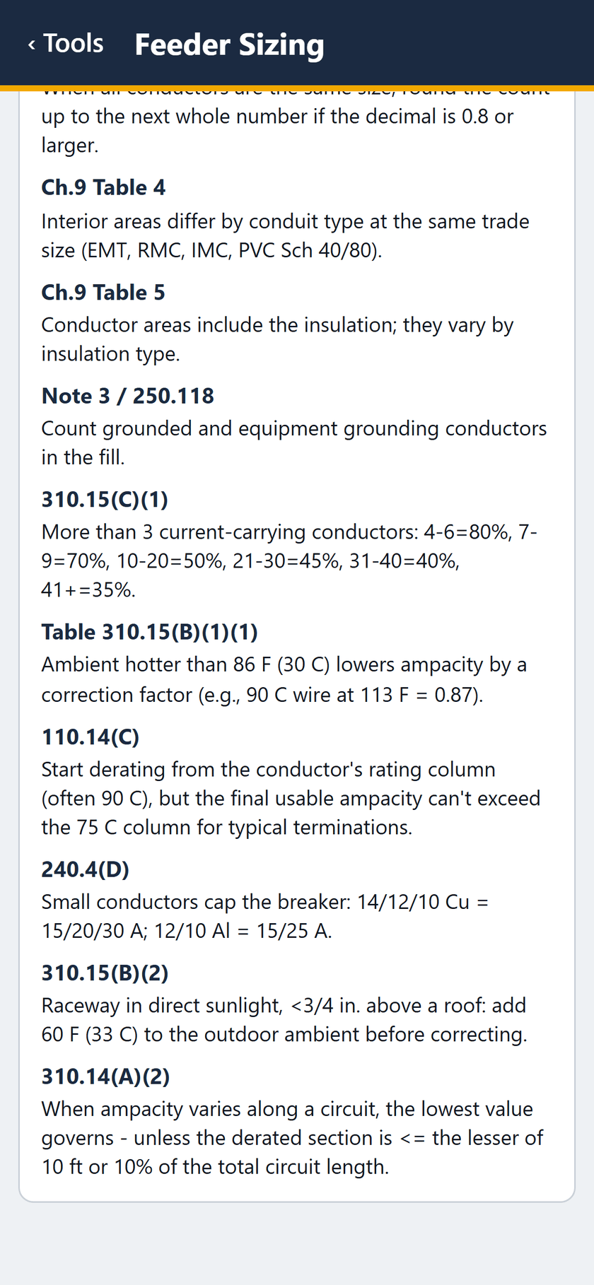 Feeder Sizing screen: The rest of the code references: 240.4(D), the rooftop adder in 310.15(B)(2), and 310.14(A)(2).
