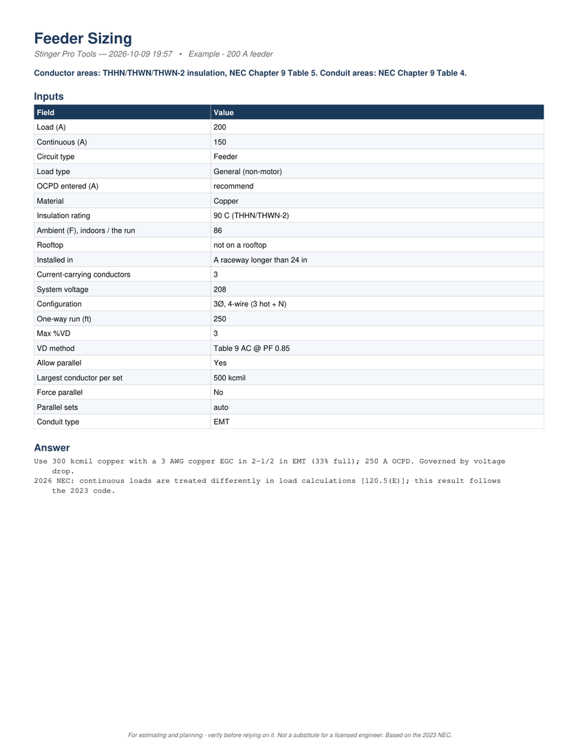 Page 1 of the PDF report: The PDF, page 1: every input and the answer, 300 kcmil copper with a 3 AWG copper EGC in 2-1/2 in EMT, 250 A OCPD.