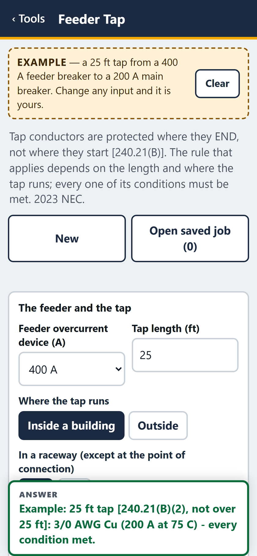 Feeder Tap screen: The example opens filled in: a 25 ft tap from a 400 A feeder breaker to a 200 A main breaker, the answer pinned at the foot.