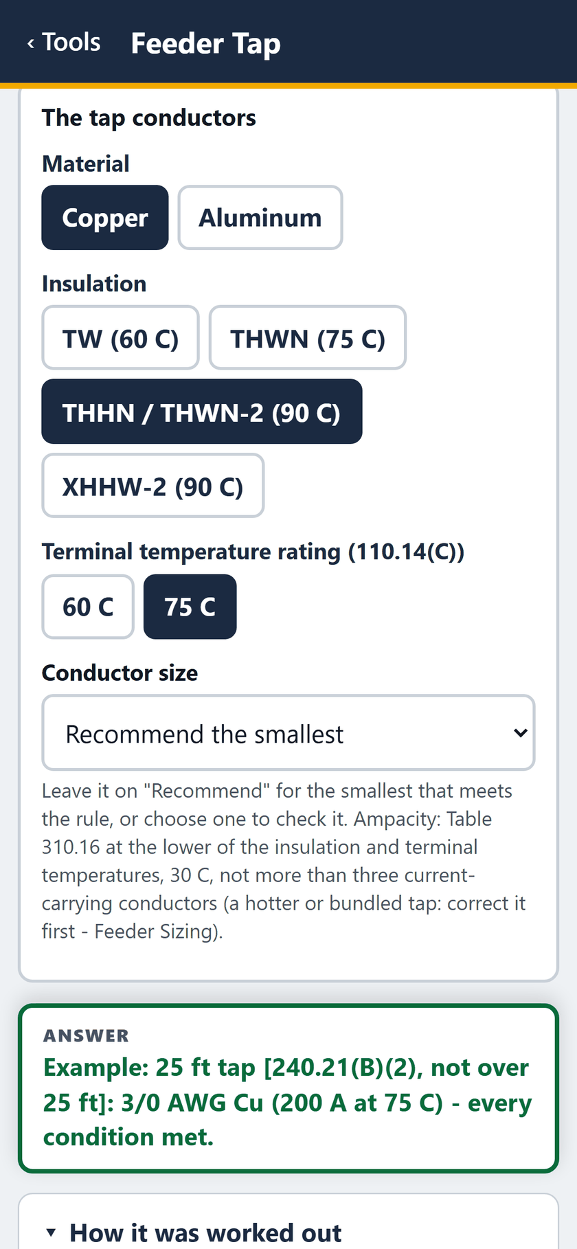 Feeder Tap screen: Conductor size left on Recommend the smallest. The answer: 3/0 AWG Cu, 200 A at 75 C, every condition met.