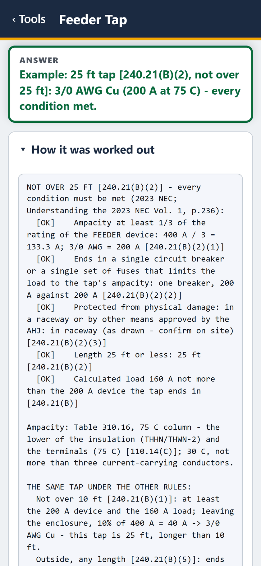 Feeder Tap screen: The answer, and how it was worked out: each condition of the 25 ft rule OK, from 400 A / 3 = 133.3 A to the 160 A load.