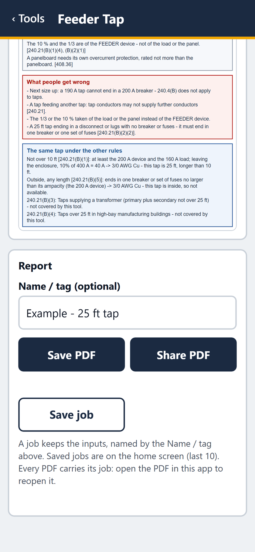 Feeder Tap screen: The same tap under the other rules, then the report: save or share the PDF, or save the job.