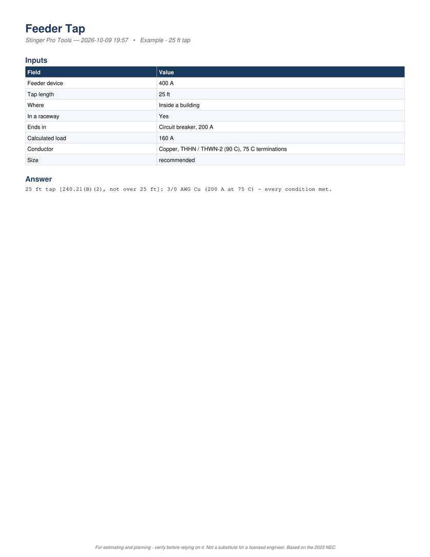 Page 1 of the PDF report: The PDF, page 1: the inputs and the answer, a 25 ft tap of 3/0 AWG Cu, every condition met.