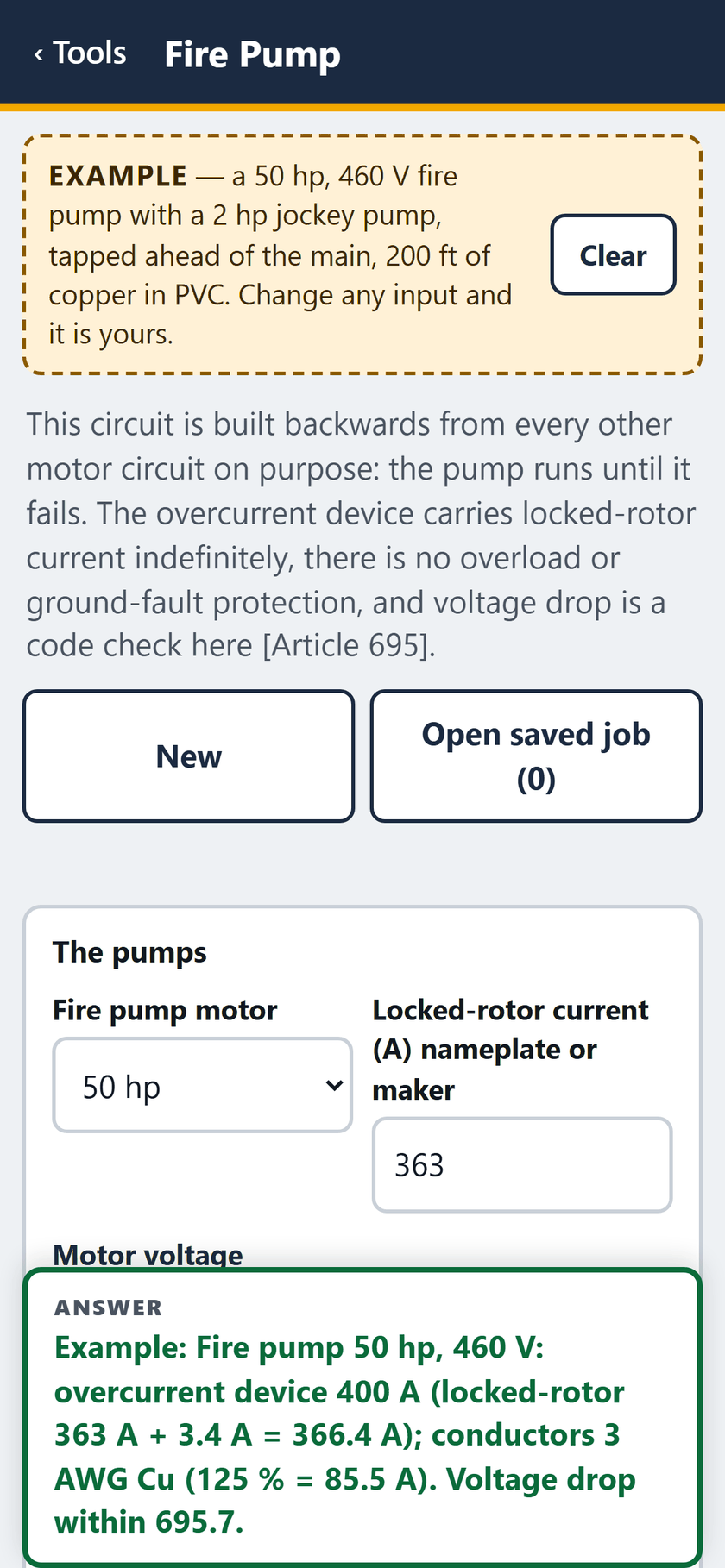 Fire Pump screen: The example opens filled in: a 50 hp, 460 V fire pump with a 2 hp jockey pump, tapped ahead of the main, 200 ft of copper in PVC.